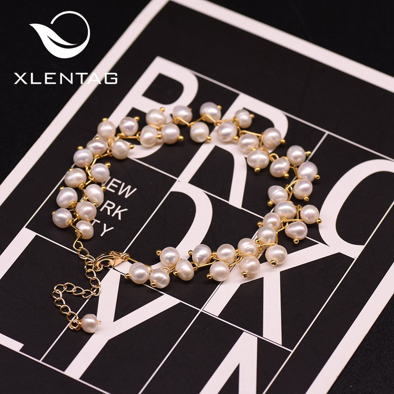 XlentAg Bracelet en perles naturelles d'eau douce blanches, roses et violettes pour femmes, bijou léger et luxueux au style japonais et coréen, simple et élégant