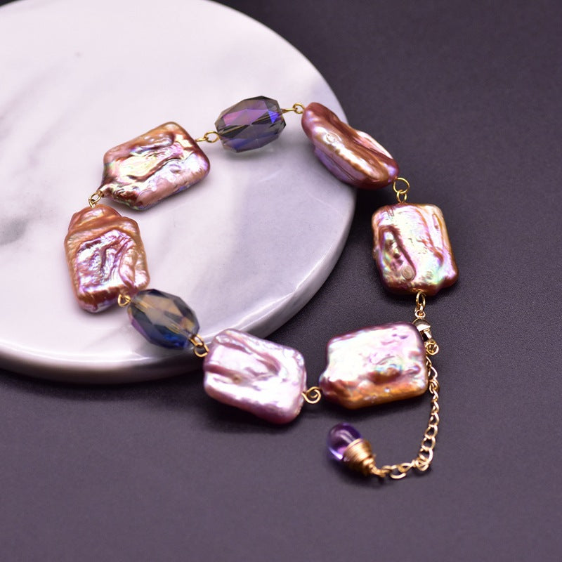 XlentAg Bracelet en perles violettes baroques carrées naturelles pour femmes, style européen et américain, accessoires vintage originaux faits à la main