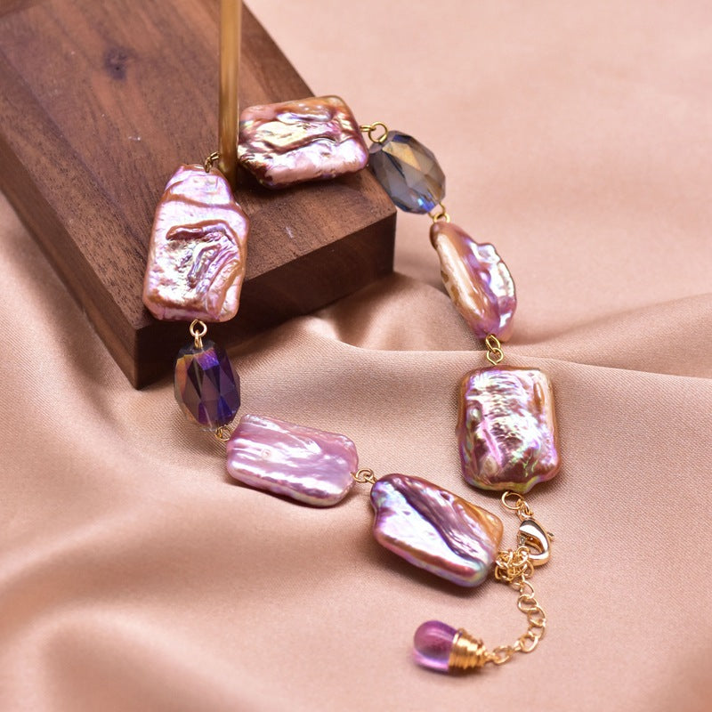 XlentAg Bracelet en perles violettes baroques carrées naturelles pour femmes, style européen et américain, accessoires vintage originaux faits à la main