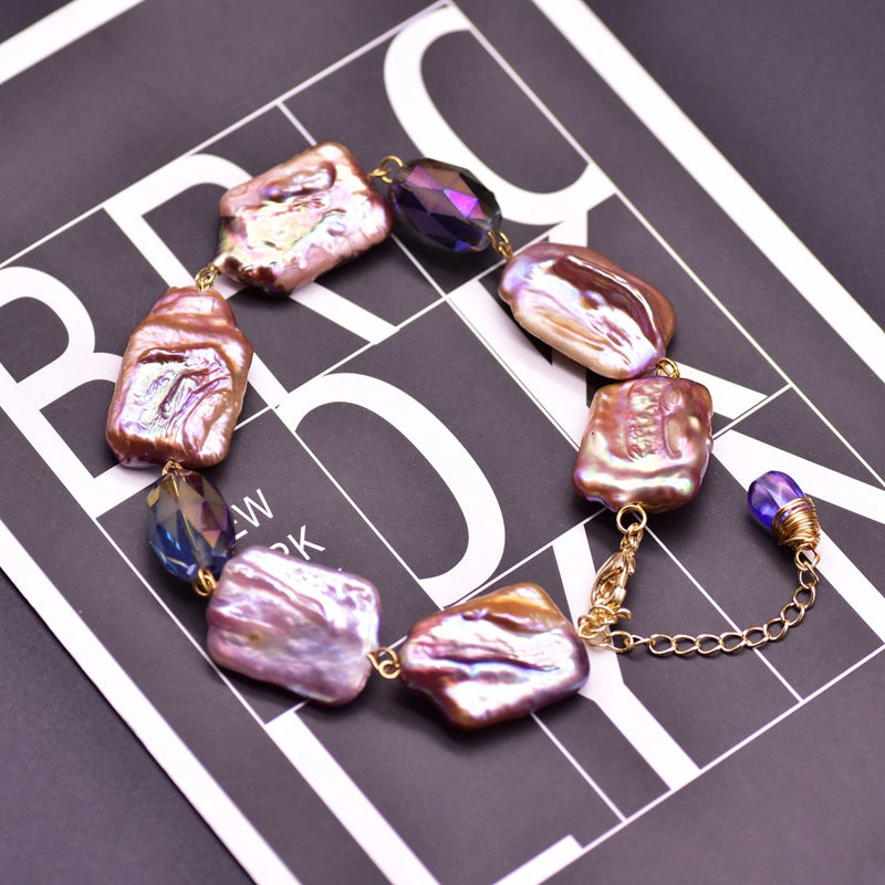 XlentAg Bracelet en perles violettes baroques carrées naturelles pour femmes, style européen et américain, accessoires vintage originaux faits à la main