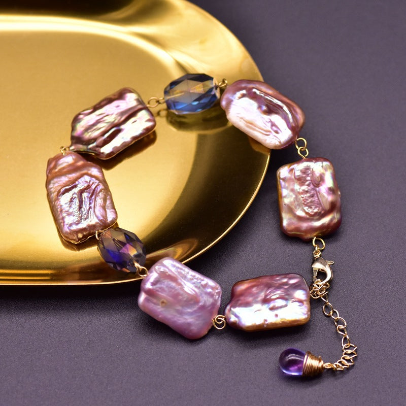 XlentAg Bracelet en perles violettes baroques carrées naturelles pour femmes, style européen et américain, accessoires vintage originaux faits à la main