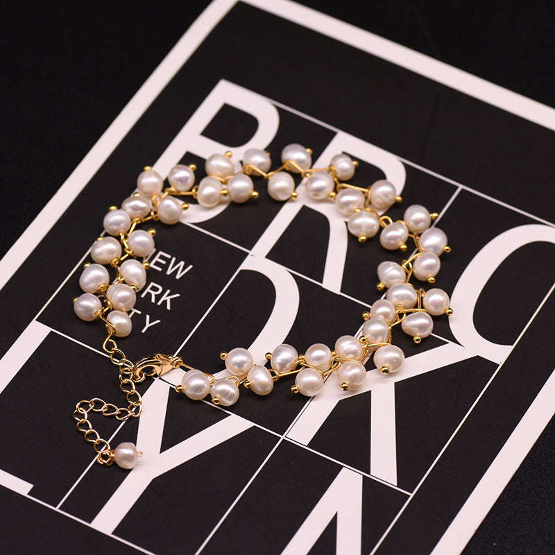 XlentAg Bracelet en perles naturelles d'eau douce blanches, roses et violettes pour femmes, bijou léger et luxueux au style japonais et coréen, simple et élégant