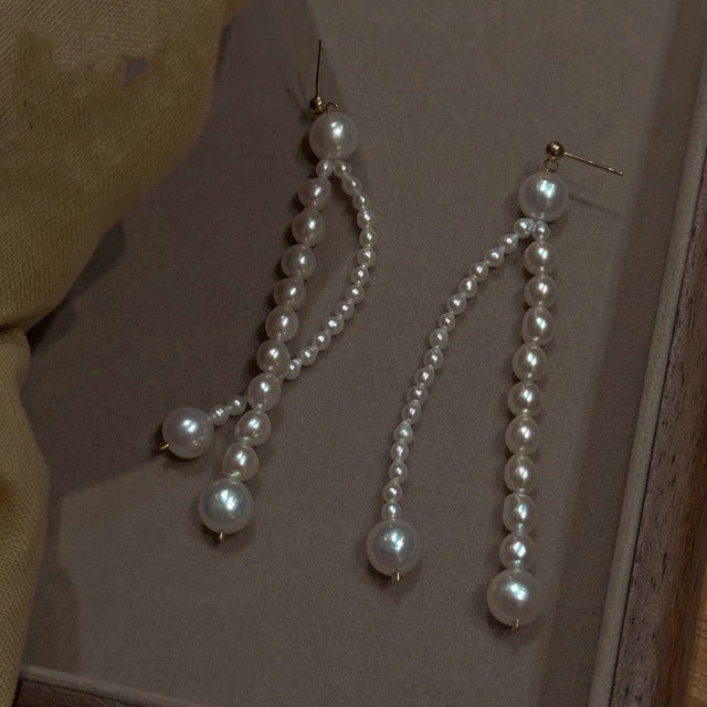 Boucles d'oreilles en perles naturelles d'eau douce AK, longues, à franges, de style français, faites à la main, avec aiguille en argent