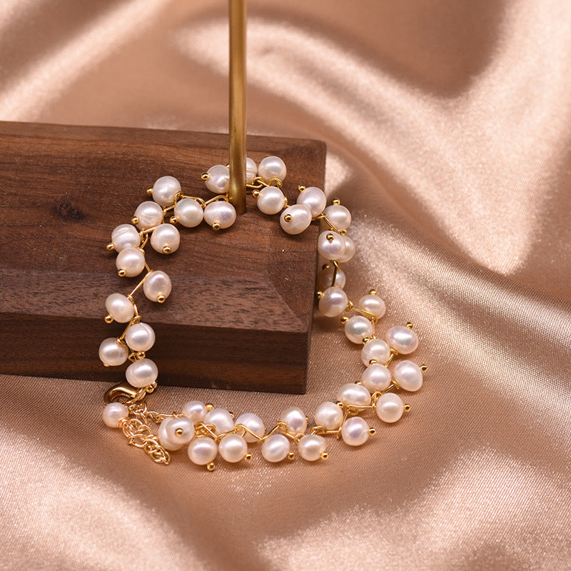 XlentAg Bracelet en perles naturelles d'eau douce blanches, roses et violettes pour femmes, bijou léger et luxueux au style japonais et coréen, simple et élégant