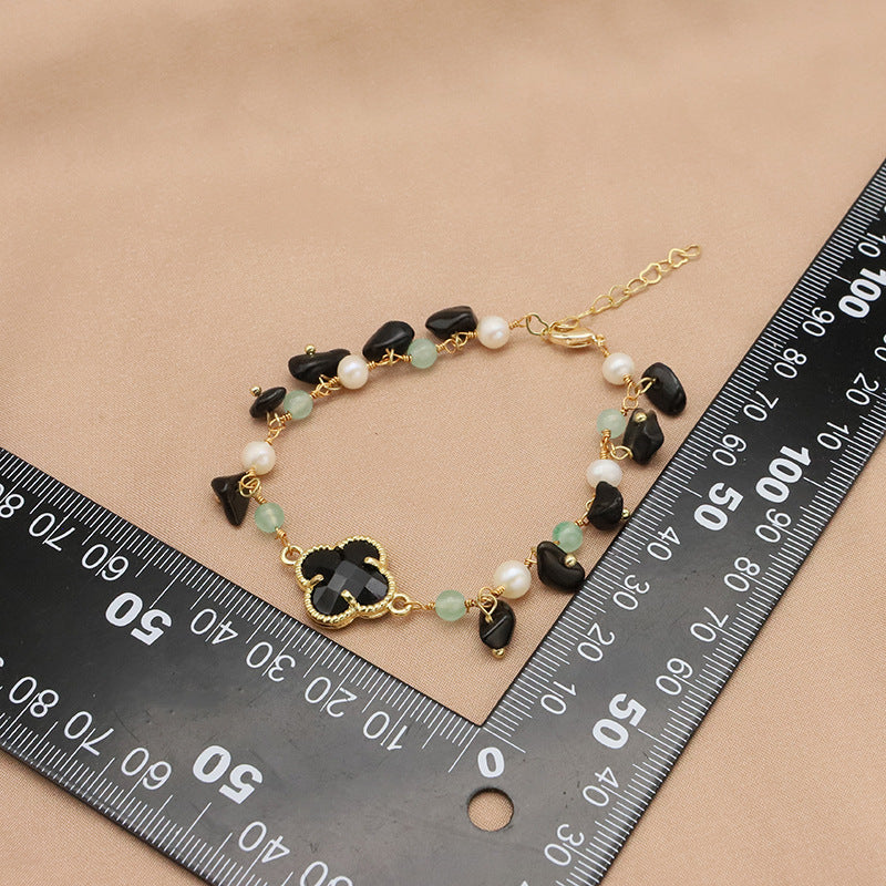 Bracelet en perles d'eau douce naturelles, vintage, élégant, noir, trèfle à quatre feuilles, bracelet de style européen et américain, bijou en or 18k