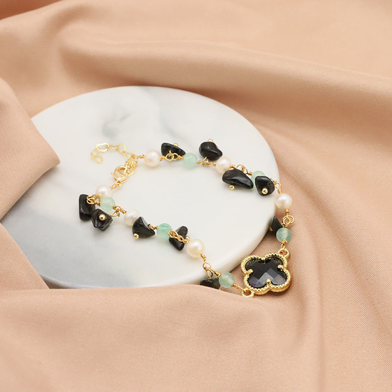 Bracelet en perles d'eau douce naturelles, vintage, élégant, noir, trèfle à quatre feuilles, bracelet de style européen et américain, bijou en or 18k