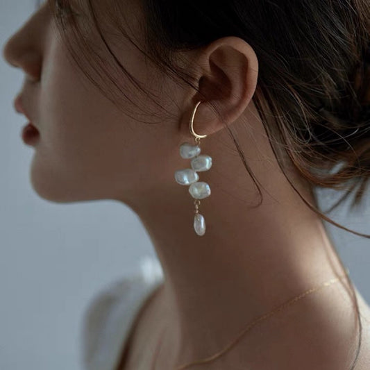 Boucles d'oreilles clips en perles baroques naturelles avec éclats d'argent, style rétro français, en argent pur, unisexe