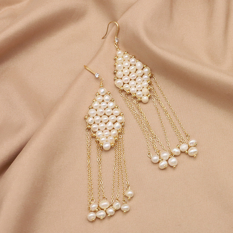 Boucles d'oreilles en perles naturelles, vintage, tressées, en forme de losange, avec des franges, élégantes, pour femmes de la haute société, style ancien, en gros, mode européenne et américaine