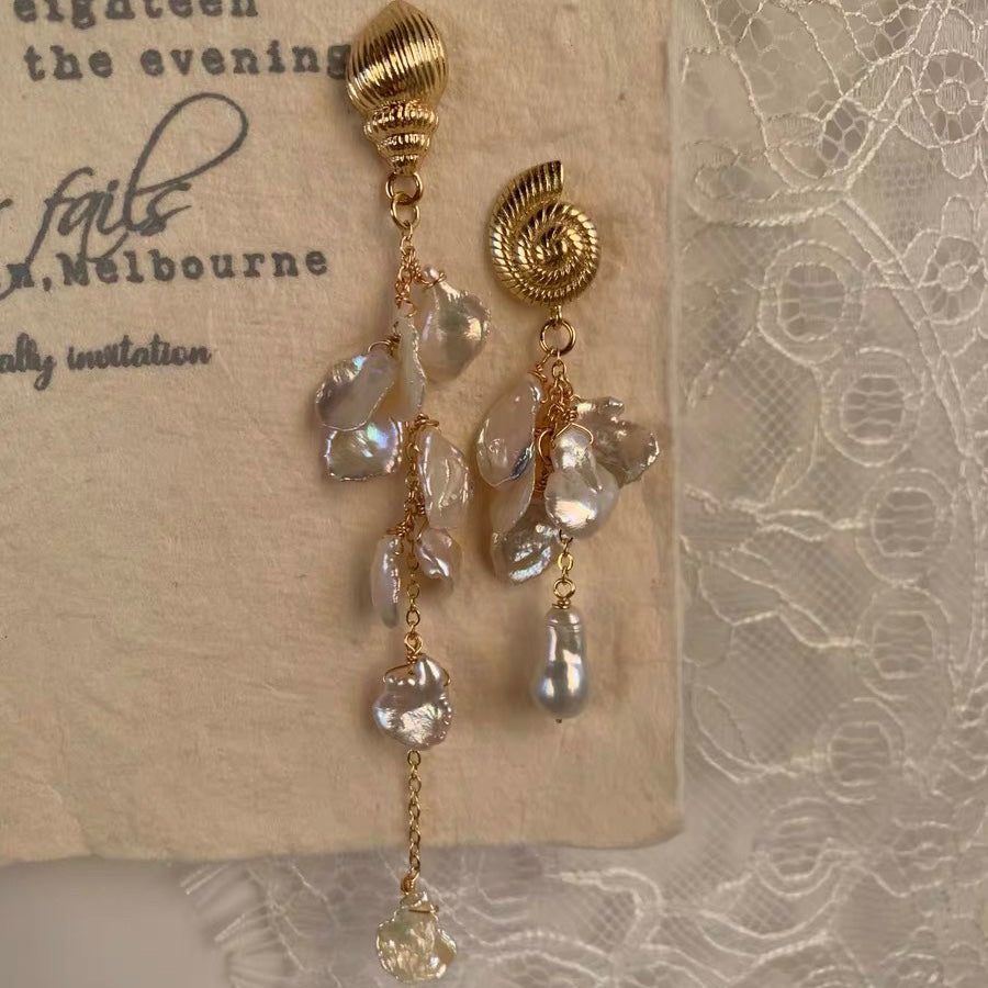 keshi éclats d'argent perles baroques naturelles en forme de pétale coquillage conque aiguille en argent 925 boucles d'oreilles romantiques françaises de niche nouvelles