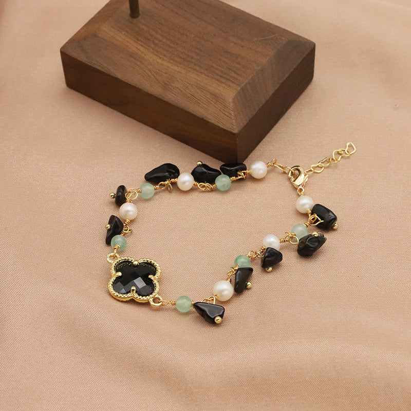 Bracelet en perles d'eau douce naturelles, vintage, élégant, noir, trèfle à quatre feuilles, bracelet de style européen et américain, bijou en or 18k