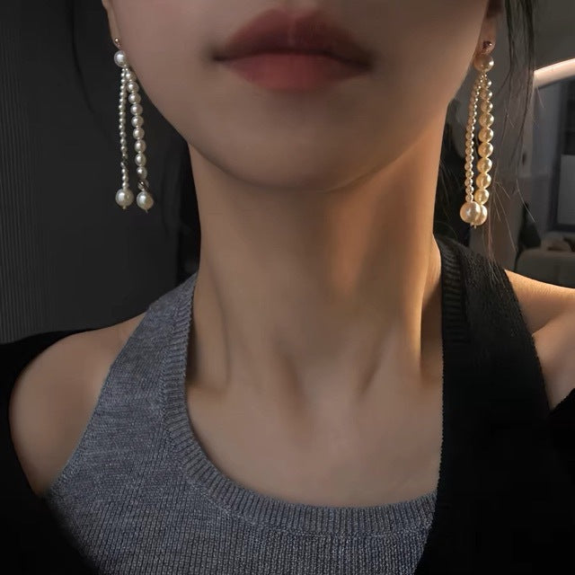 Boucles d'oreilles en perles naturelles d'eau douce AK, longues, à franges, de style français, faites à la main, avec aiguille en argent