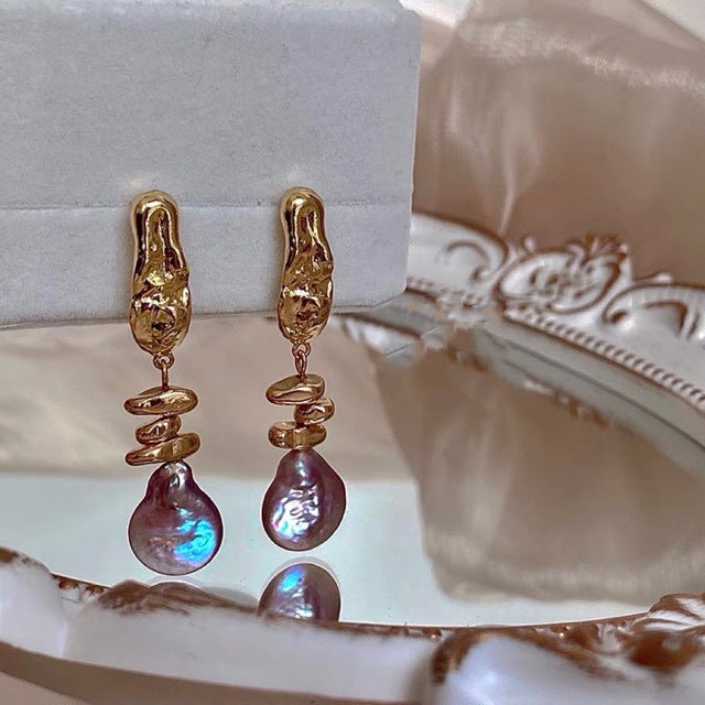Boucles d'oreilles en perles baroques uniques et naturelles avec un bouton en aigue-marine, style français, avec une touche de luxe, aiguille en argent