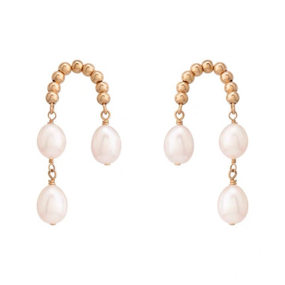 Boucles d'oreilles élégantes en or 14K avec perles naturelles en forme de grain de riz, style rétro pour filles