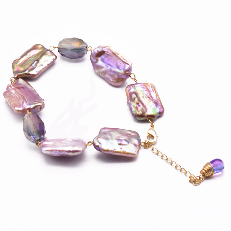 XlentAg Bracelet en perles violettes baroques carrées naturelles pour femmes, style européen et américain, accessoires vintage originaux faits à la main
