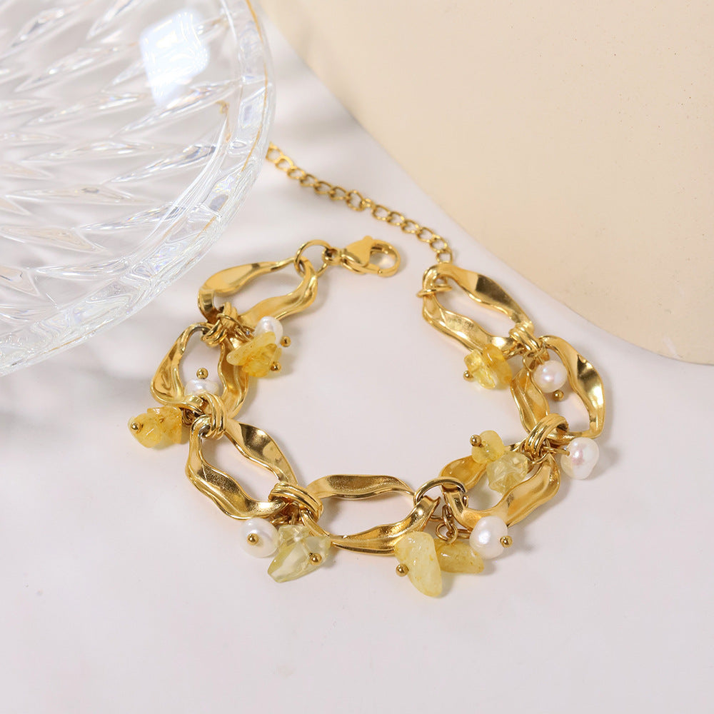 Bracelet en perles avec un design élégant en cristal jaune, style ins, bracelet de luxe léger, mode, bracelet de style européen et américain, accessoire de qualité.