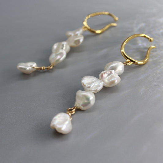 Boucles d'oreilles clips en perles baroques naturelles avec éclats d'argent, style rétro français, en argent pur, unisexe