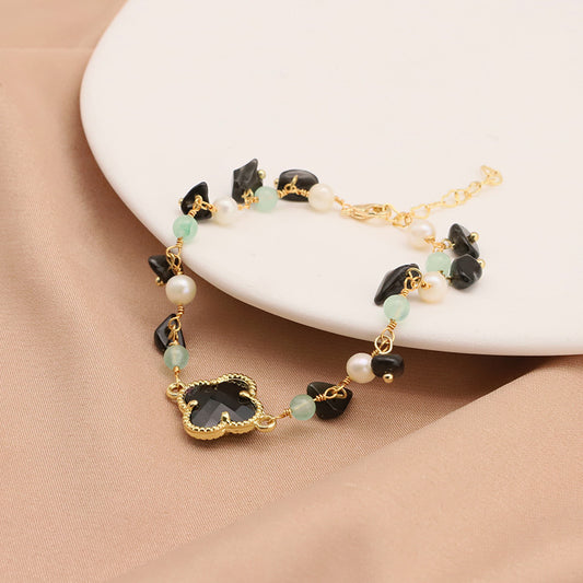 Bracelet en perles d'eau douce naturelles, vintage, élégant, noir, trèfle à quatre feuilles, bracelet de style européen et américain, bijou en or 18k