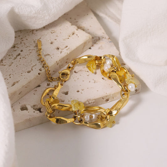 Bracelet en perles avec un design élégant en cristal jaune, style ins, bracelet de luxe léger, mode, bracelet de style européen et américain, accessoire de qualité.
