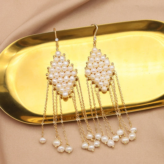 Boucles d'oreilles en perles naturelles, vintage, tressées, en forme de losange, avec des franges, élégantes, pour femmes de la haute société, style ancien, en gros, mode européenne et américaine