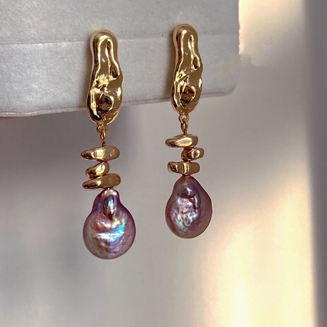 Boucles d'oreilles en perles baroques uniques et naturelles avec un bouton en aigue-marine, style français, avec une touche de luxe, aiguille en argent