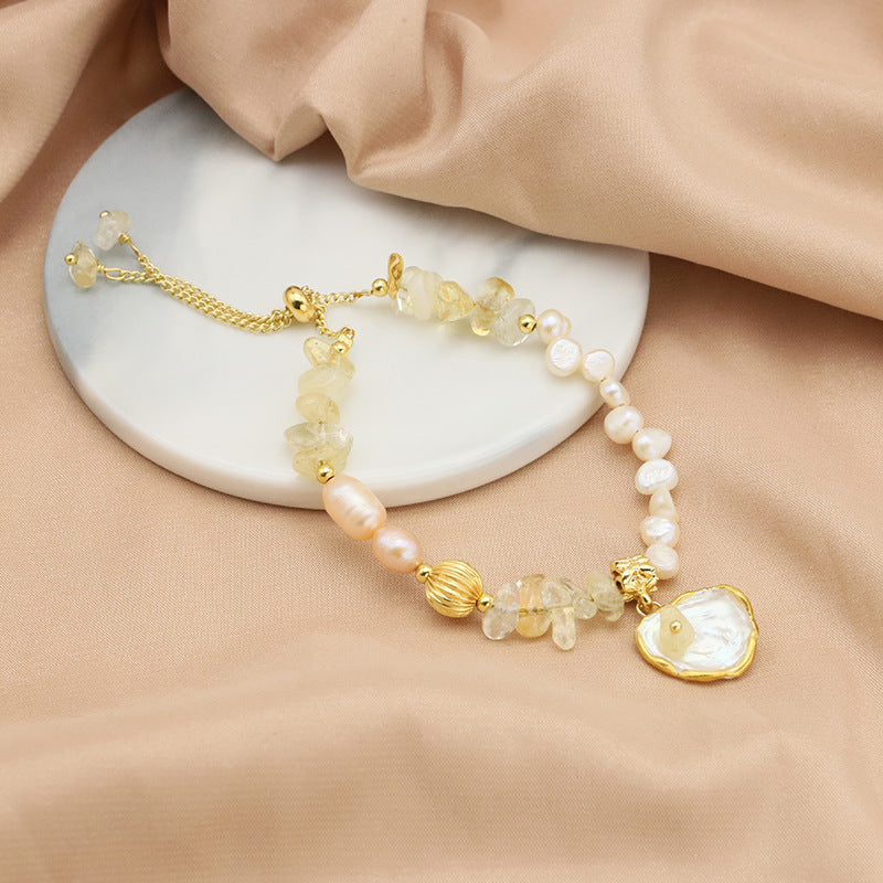 Bracelet en perles naturelles, bracelet en cristal jaune baroque d'eau douce, accessoire mignon et original, bijoux plaqués or 18k