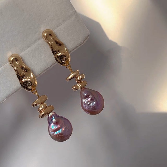 Boucles d'oreilles en perles baroques uniques et naturelles avec un bouton en aigue-marine, style français, avec une touche de luxe, aiguille en argent