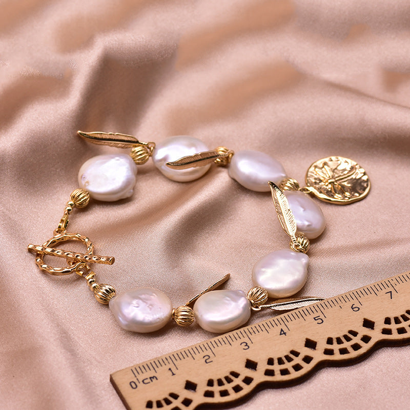 Bracelet en perles baroques naturelles pour femmes, style ins, avec pièces de monnaie, design original, accessoires faits à la main