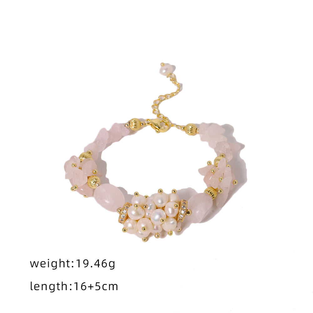 Perles naturelles en poudre, bracelet en cristal rose, design de niche, sensation haut de gamme, bracelet polyvalent, accessoire de mode frais et doux