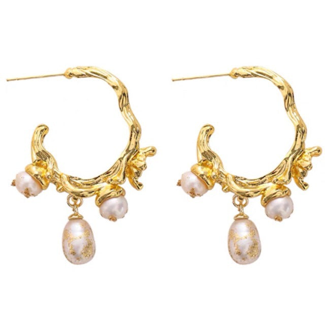Boucles d'oreilles en perles d'eau douce naturelles au design irrégulier, style ins, avec tige en argent 925, élégance divine