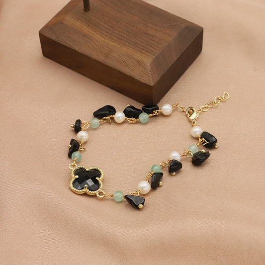 Bracelet en perles d'eau douce naturelles, vintage, élégant, noir, trèfle à quatre feuilles, bracelet de style européen et américain, bijou en or 18k
