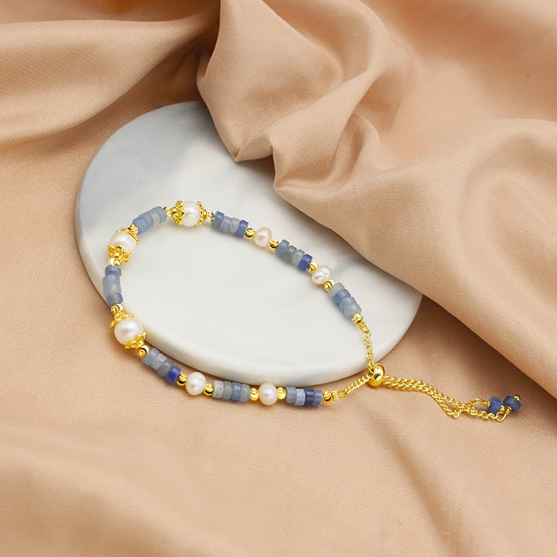 Bracelet en perles d'eau douce naturelles, design de niche, bracelet en aigue-marine, plaqué or 18k, bijou pour femme