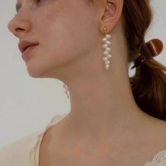 Boucles d'oreilles en perles d'eau douce naturelles, longues, en perles baroques irrégulières, style rétro, lignes minimalistes, clous d'oreilles avec aiguille en argent
