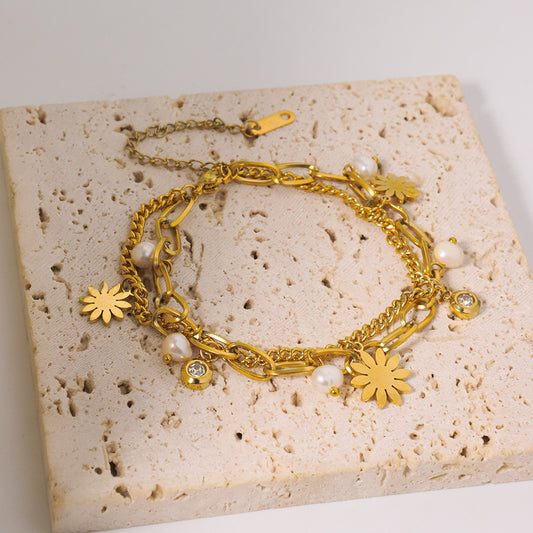 Bracelet en perles d'eau douce naturelles, bracelet haut de gamme au style ins, bijou pour femme en acier titane, ne se décolore pas, vintage