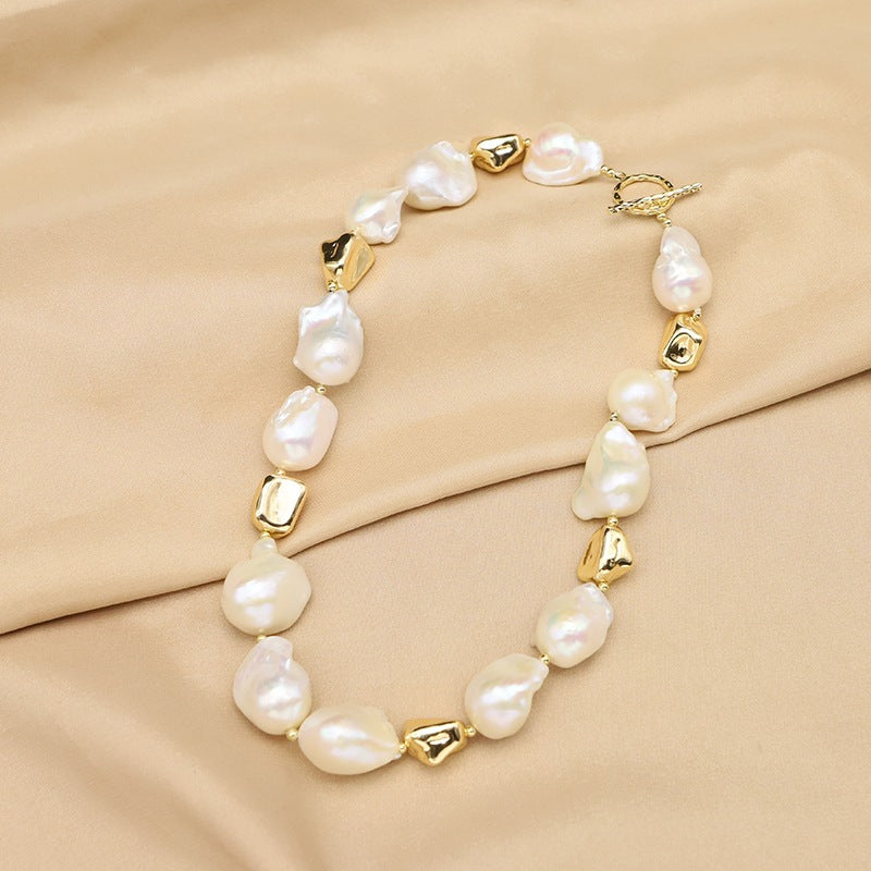 Collier en perles naturelles pour femmes, polyvalent, haut de gamme, plaqué or véritable, chaîne de clavicule baroque, perles, accessoires de luxe léger