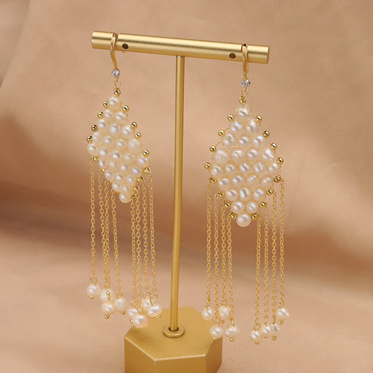 Boucles d'oreilles en perles naturelles, vintage, tressées, en forme de losange, avec des franges, élégantes, pour femmes de la haute société, style ancien, en gros, mode européenne et américaine