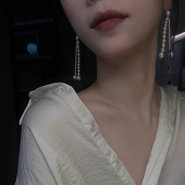Boucles d'oreilles en perles naturelles d'eau douce AK, longues, à franges, de style français, faites à la main, avec aiguille en argent