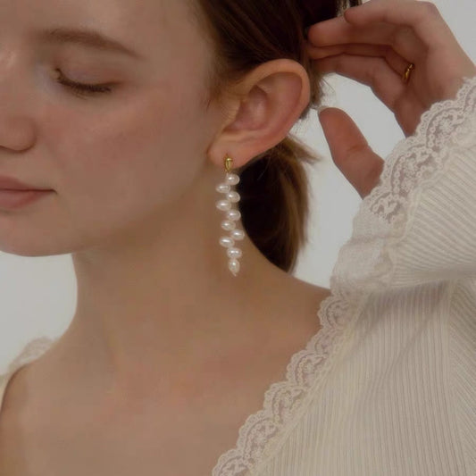 Boucles d'oreilles en perles d'eau douce naturelles, longues, en perles baroques irrégulières, style rétro, lignes minimalistes, clous d'oreilles avec aiguille en argent