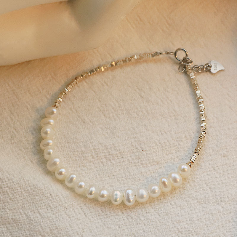 Bracelet en argent pur s925 avec perles d'eau douce naturelles, bracelet asymétrique en argent fragmenté, accessoires de design de niche