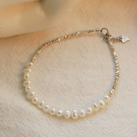 Bracelet en argent pur s925 avec perles d'eau douce naturelles, bracelet asymétrique en argent fragmenté, accessoires de design de niche