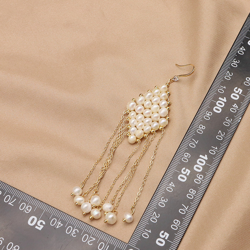 Boucles d'oreilles en perles naturelles, vintage, tressées, en forme de losange, avec des franges, élégantes, pour femmes de la haute société, style ancien, en gros, mode européenne et américaine