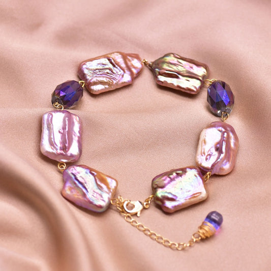 XlentAg Bracelet en perles violettes baroques carrées naturelles pour femmes, style européen et américain, accessoires vintage originaux faits à la main