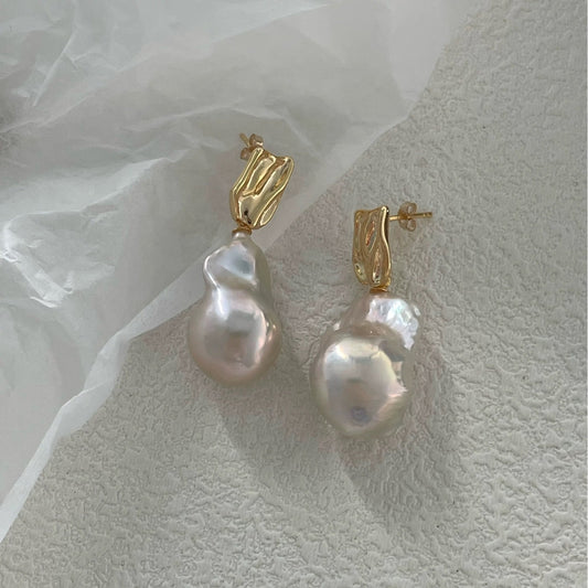 Boucles d'oreilles en perles baroques naturelles de forme irrégulière, style courtois rétro, nouvelles grandes boucles d'oreilles 2024, aiguille en argent, exagérées