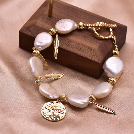 Bracelet en perles baroques naturelles pour femmes, style ins, avec pièces de monnaie, design original, accessoires faits à la main