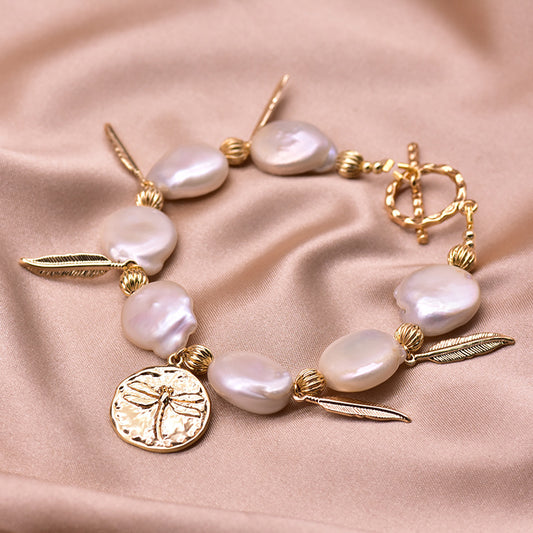 Bracelet en perles baroques naturelles pour femmes, style ins, avec pièces de monnaie, design original, accessoires faits à la main