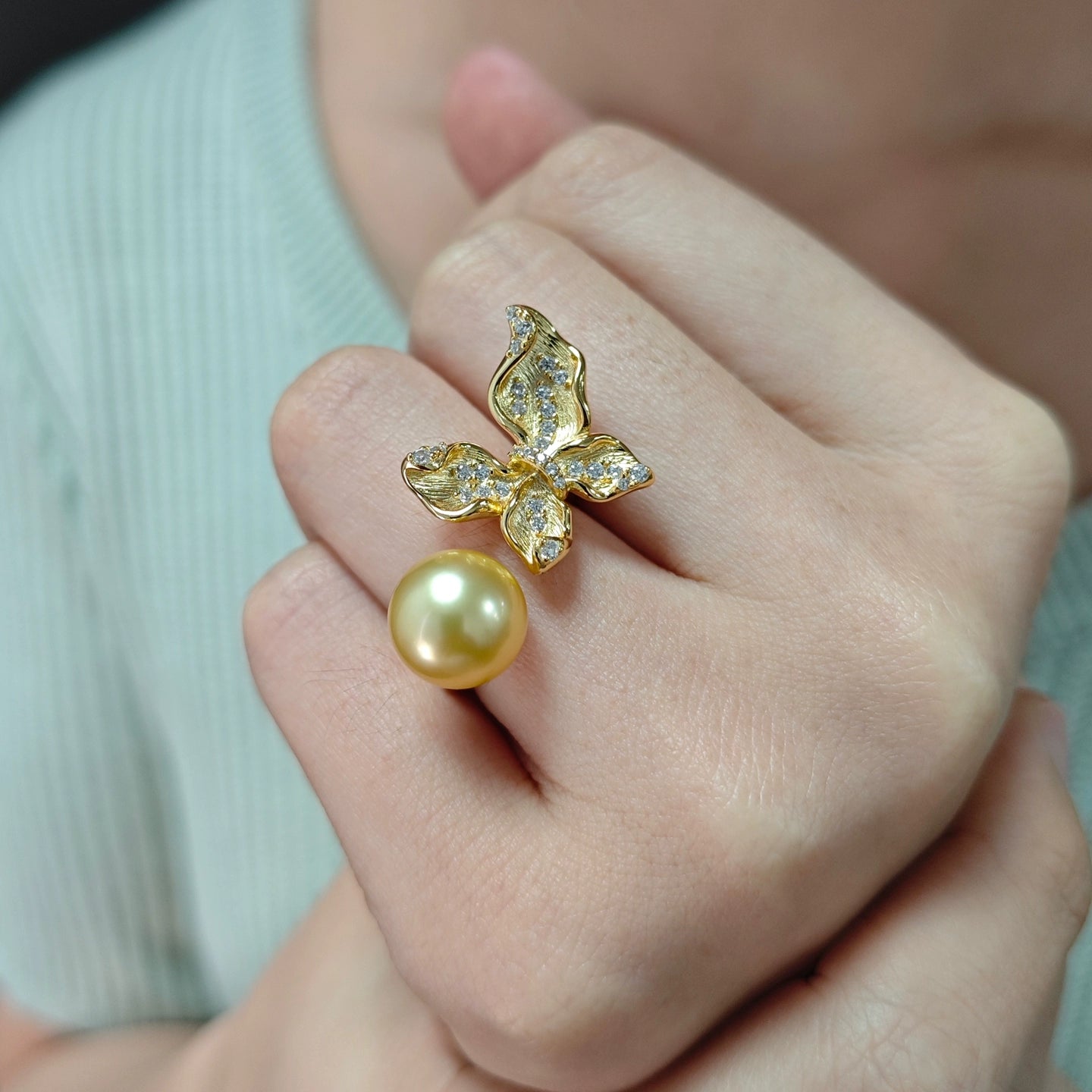 11-12Mm natural freshwater pearl light luxury retro butterfly pearl ring DIYs925