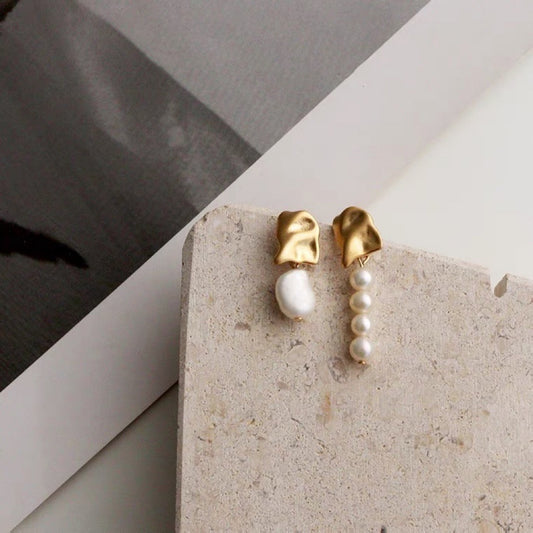 Boucles d'oreilles en perles de riz baroque irrégulières pour femmes, style français, douces, asymétriques, vintage, AB