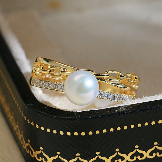 Bague SuMang Jewelry en argent S925, design luxueux et léger, ornée d'une perle naturelle d'eau douce de 8 à 9 mm.