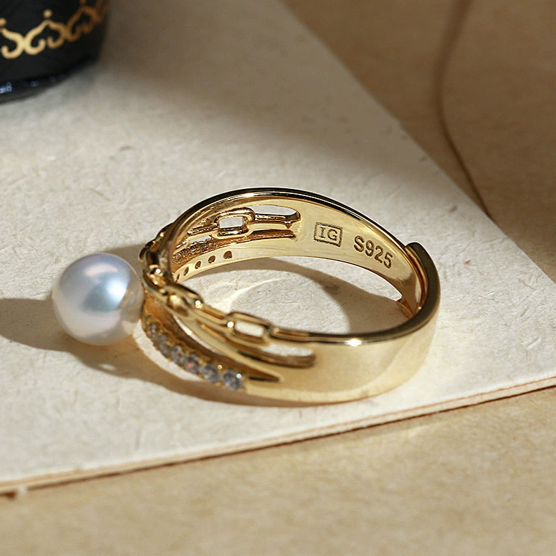 SuMang珠寶 S925銀輕奢設計珍珠戒指 8-9毫米天然淡水珍珠