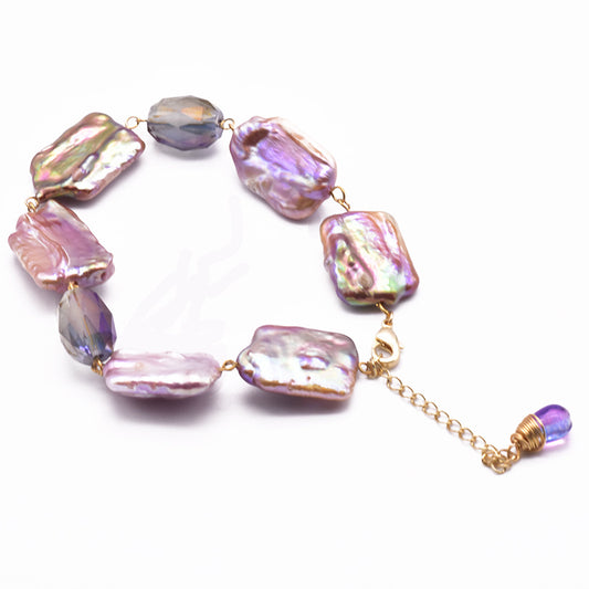 XlentAg Bracelet en perles violettes baroques carrées naturelles pour femmes, style européen et américain, accessoires vintage originaux faits à la main