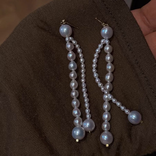 Boucles d'oreilles en perles naturelles d'eau douce AK, longues, à franges, de style français, faites à la main, avec aiguille en argent